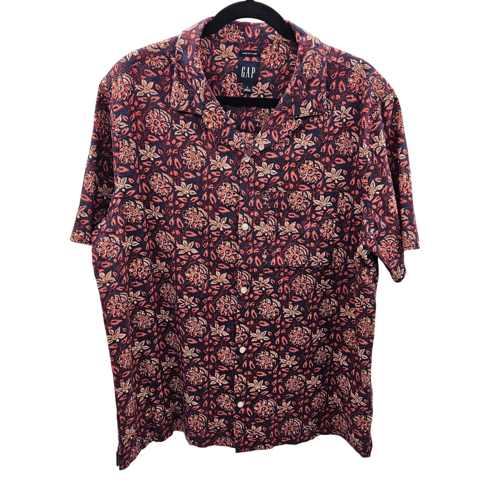 Gap‎ Mens Linen Blend Floral Camp Collar Short Sleeve Shirt Navy Rust Large L